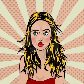 Beautiful colorful sexy blonde girl with long hair, kiss mouth style pop art. Comic book halftone pink background. Vector colored dot illustration. Character template.