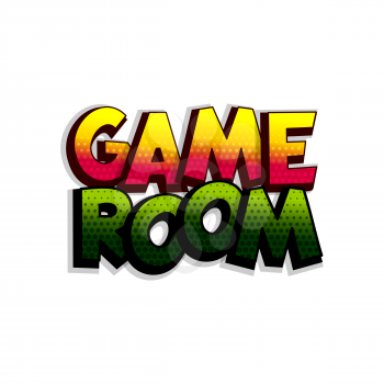 Game room comic book text badge on white background. Colored funny cartoon halftone text for child room and playful zone. Kids party logo comics font. Isolated white vector.