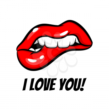 I love you. Swag dare pink red woman lips in pop art style isolated on white background. Cartoon girl make up vector illustration. Saint Valentines Day. Vintage cartoon pop art of girl pink lips.