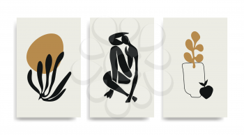 Contemporary Henri Matisse abstract vector poster. Woman figure silhouette line art Matisse painting. Black golden reproduction of painting. Geometric shape collage.