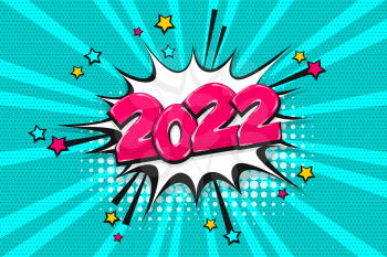2022 happy new year christmas comic text speech bubble. Colored 2022 pop art style. Halftone vector illustration banner. Vintage comics book 2022 Christmas poster.