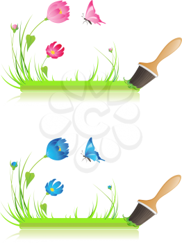 green banner with paintbrush, grass, butterfly and flowers