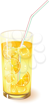 glass with drink, orange and ice isolated on a white background