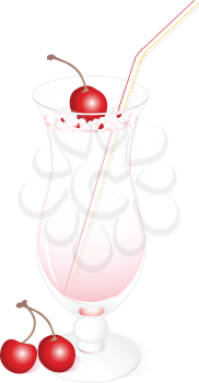 milk cocktail with a cherry and straw isolated on a white background
