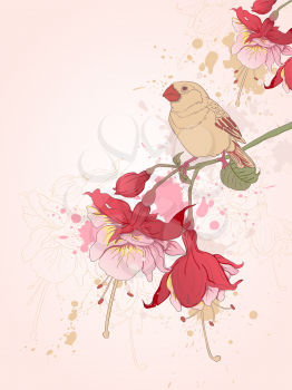 hand drawn vector floral background with bird