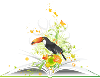open green book with flowers and tropical bird