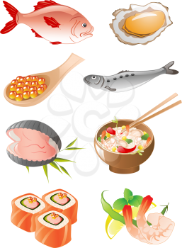 set of vector fish and  seafood icons