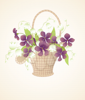 vector bouquet of violets and lilies of the valley in the basket