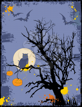 Halloween grunge background with tree and pumpkin