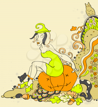 Halloween background  with witch sitting on a pumpkin