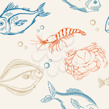 vector seamless pattern with fish, crab and shrimp