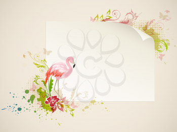 Vector banner with pink flamingo and flowers