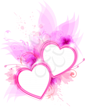 Romantic vector background with pink flowers and hearts