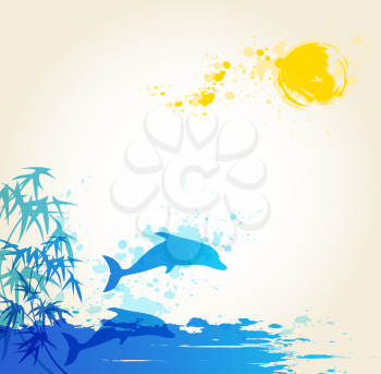 Vector summer background with blue sea and dolphins
