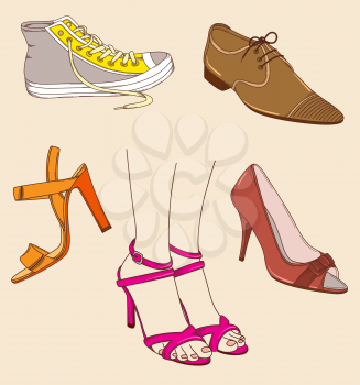 Vector hand drawn female legs and different shoes