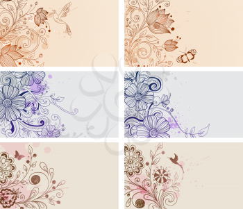 Vector vintage hand drawn cards with flowers and butterflies
