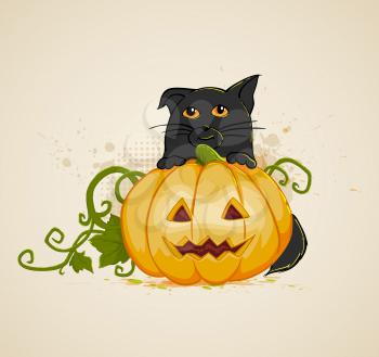  Halloween vector background with pumpkin and cat