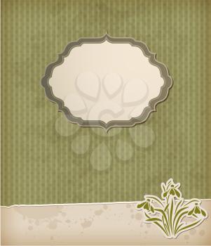 Vintage green vector background with label and snowdrops