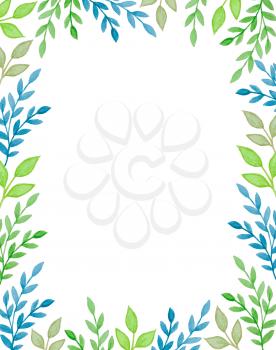 Watercolor background with green branches and leaves