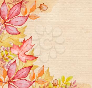 Watercolor autumn background with red and orange autumn leaves