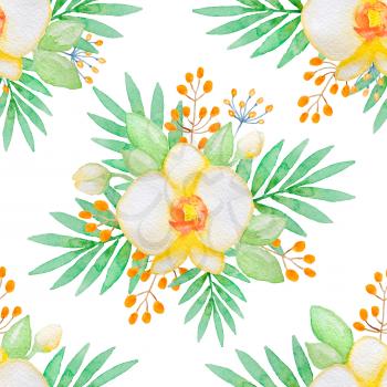 Watercolor seamless pattern with yellow orchids and green leaves