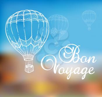 Background with air balloon flying in the blue sky. Hand drawn vector illustration.