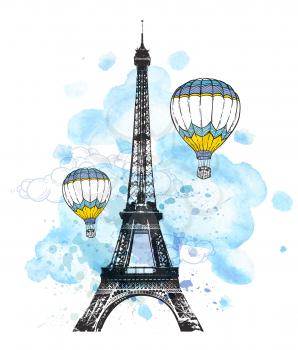 Eiffel Tower and air balloons on a blue watercolor background. 