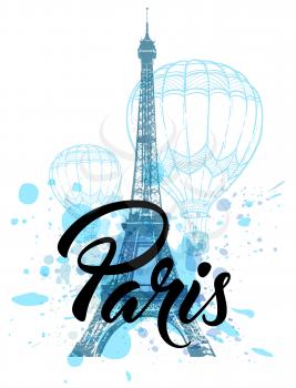 Eiffel Tower and air balloons on a blue background. Vintage travel background.