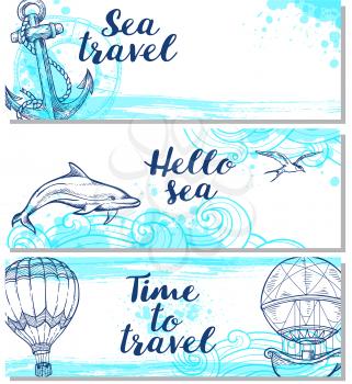 Blue horizontal marine banners. Hand drawn summer travel backgrounds.