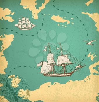 Vintage vector map with sailing vessels. Ancient map with ships.