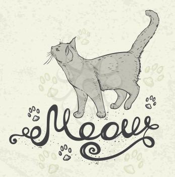 Background with cat and lettering Meow. Hand drawn vector illustration.