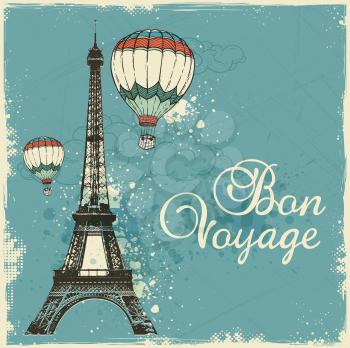 Vintage card with Eiffel Tower and air balloons. Travel background with Bon voyage lettering.