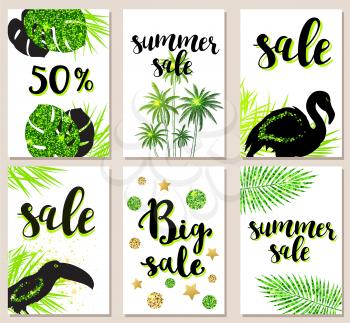 Set of summer tropical glitter green vector cards for seasonal sale