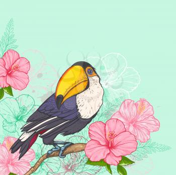 Pink tropical flowers and toucan on a green background. Hand drawn vector illustration.