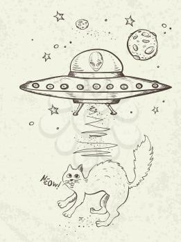 Fantastic doodle background with UFO abducts a cat. Vector illustration.