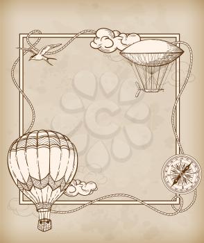 Vintage frame with air balloons flying in the sky. Hand drawn vector illustration.