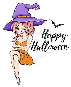 Cute young witch on a white background. Halloween greeting card. Hand drawn vector illustration. 
