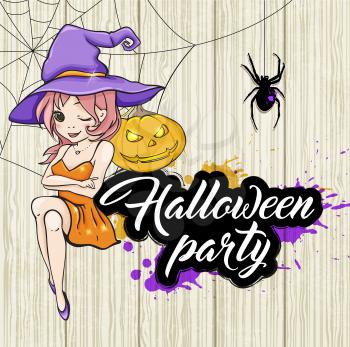 Cute young witch and pumpkin. Design for Halloween party. Vector illustration. 