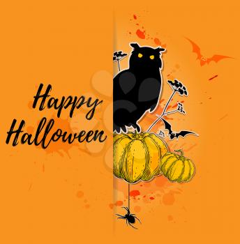 Halloween background with silhouette of owl and pumpkins. Happy Halloween lettering.
