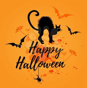 Halloween orange background with silhouette of black cat. Happy Halloween lettering. Vector illustration.