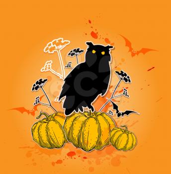 Halloween vector background with silhouette of owl and pumpkins. 