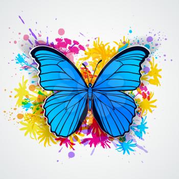 Abstract vector background with blue butterfly and blots