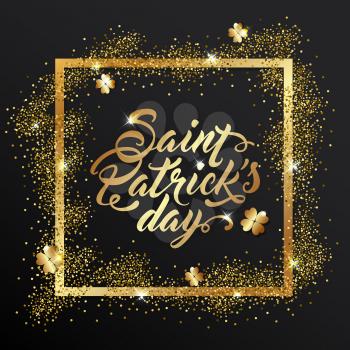 Golden frame with clover leaves and lettering on a black background for St. Patrick's Day