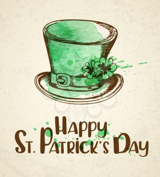 Green hat and watercolor blots. Vintage greeting card for St. Patrick's day