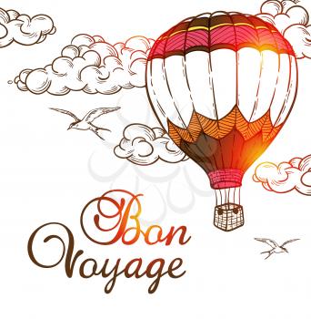Travel background with air balloon and cloud. Hand drawn vector illustration.