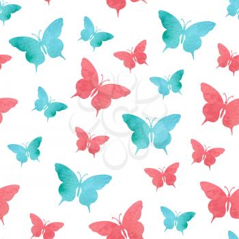 Abstract seamless pattern with red and green watercolor butterflies on a white background