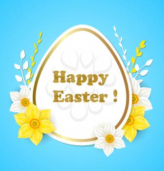 Easter greeting card with white and yellow flowers on a blue background