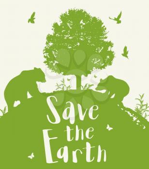Green nature background with two bears, tree and birds. Ecology concept. Save the Earth lettering.