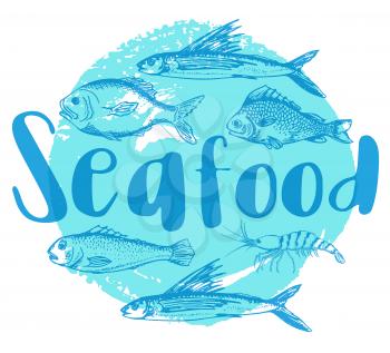 Blue vector vintage background with shrimp and fish. Seafood lettering.