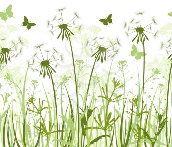 Seamless horizontal floral background with green grass, dandelions and butterflies